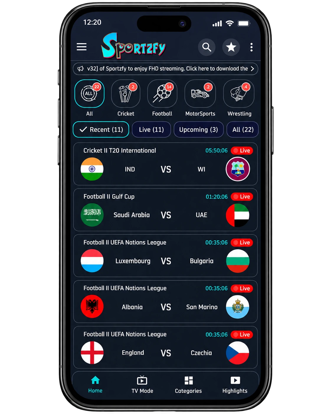 Sportzfy home screen preview with sport filters, event-status tabs and cricket and football match cards in a phone frame.