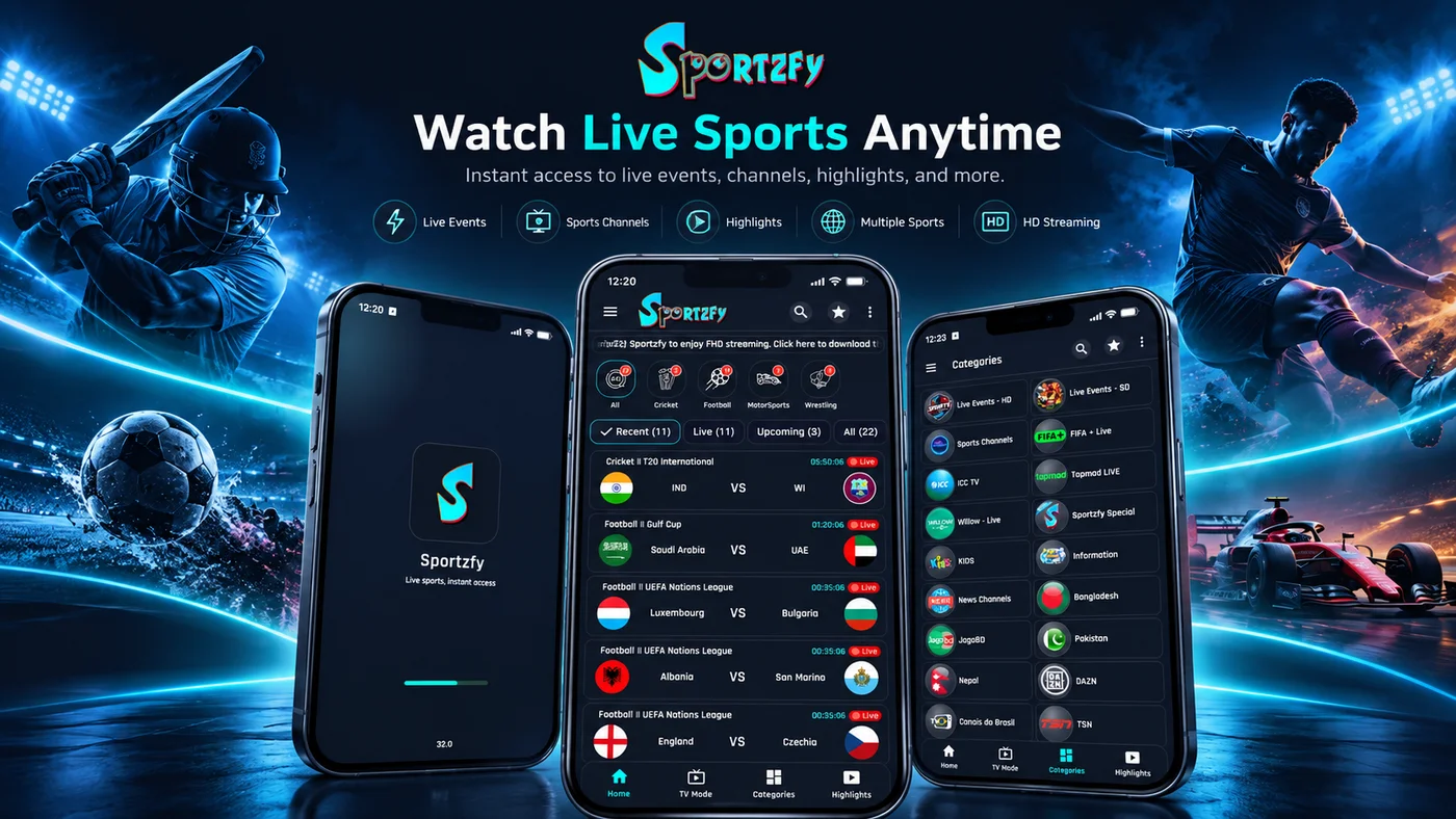 Sportzfy promotional artwork with app previews and cricket, football and motorsport imagery.